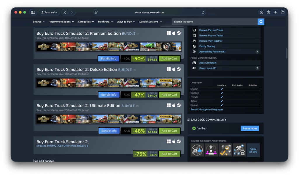ETS2 sales on the Steam Store as of 21 December 2025.